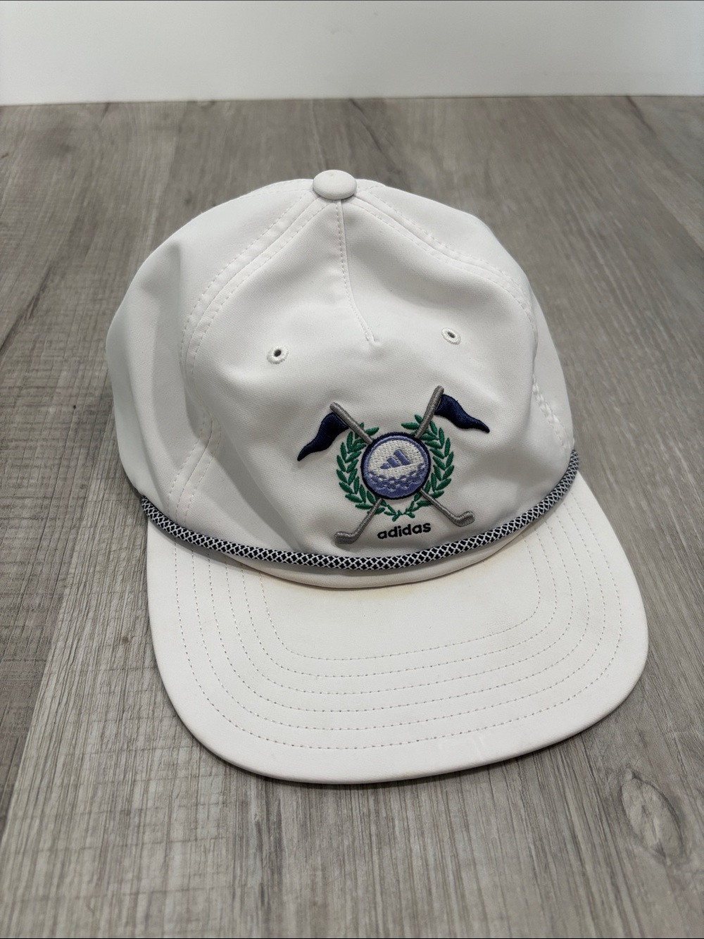 adidas White Golf Cap with Navy and Green Crest